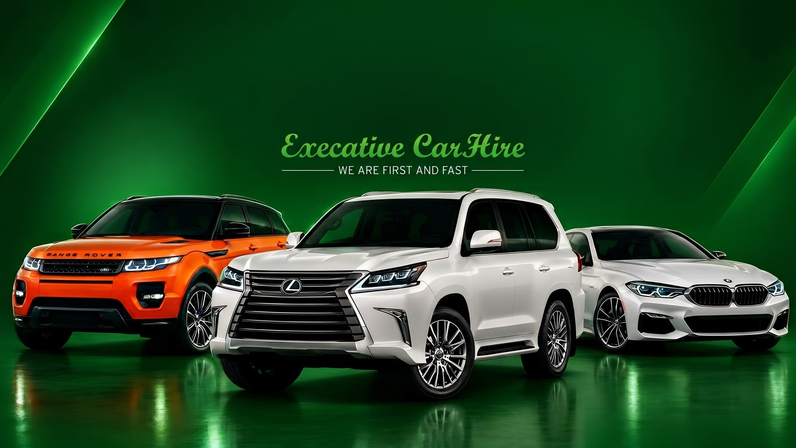 Execative CarHire luxury fleet — Range Rover, Lexus and BMW on a green studio stage